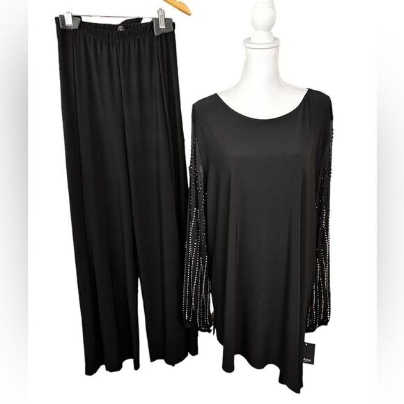Marina Plus Size Beaded Long Sleeve Crew Neck 2-Piece Pant Set Size 20W Black - Picture 4 of 13